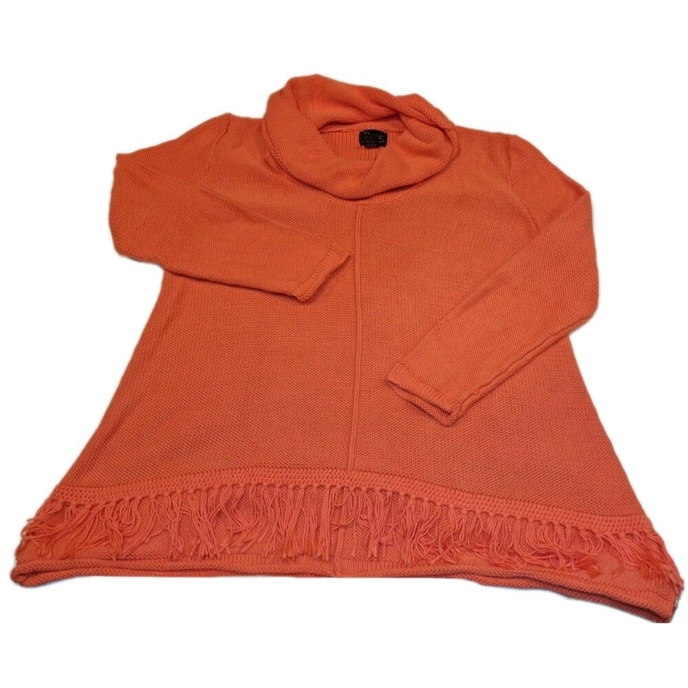 PURE Handknit Cotton Coral Sweater Women's Cowl Neck Fringe Detail | Size L/XL